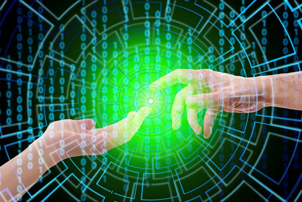 hands touching with binary on screen symbolising A.I.